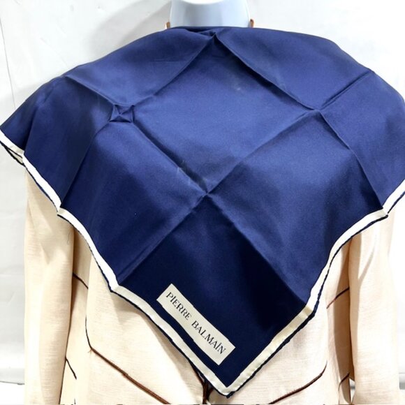 Vintage  Pierre Balmain mini scarf 100% silk satin, 22" navy blue white trim(38 - Picture 1 of 8